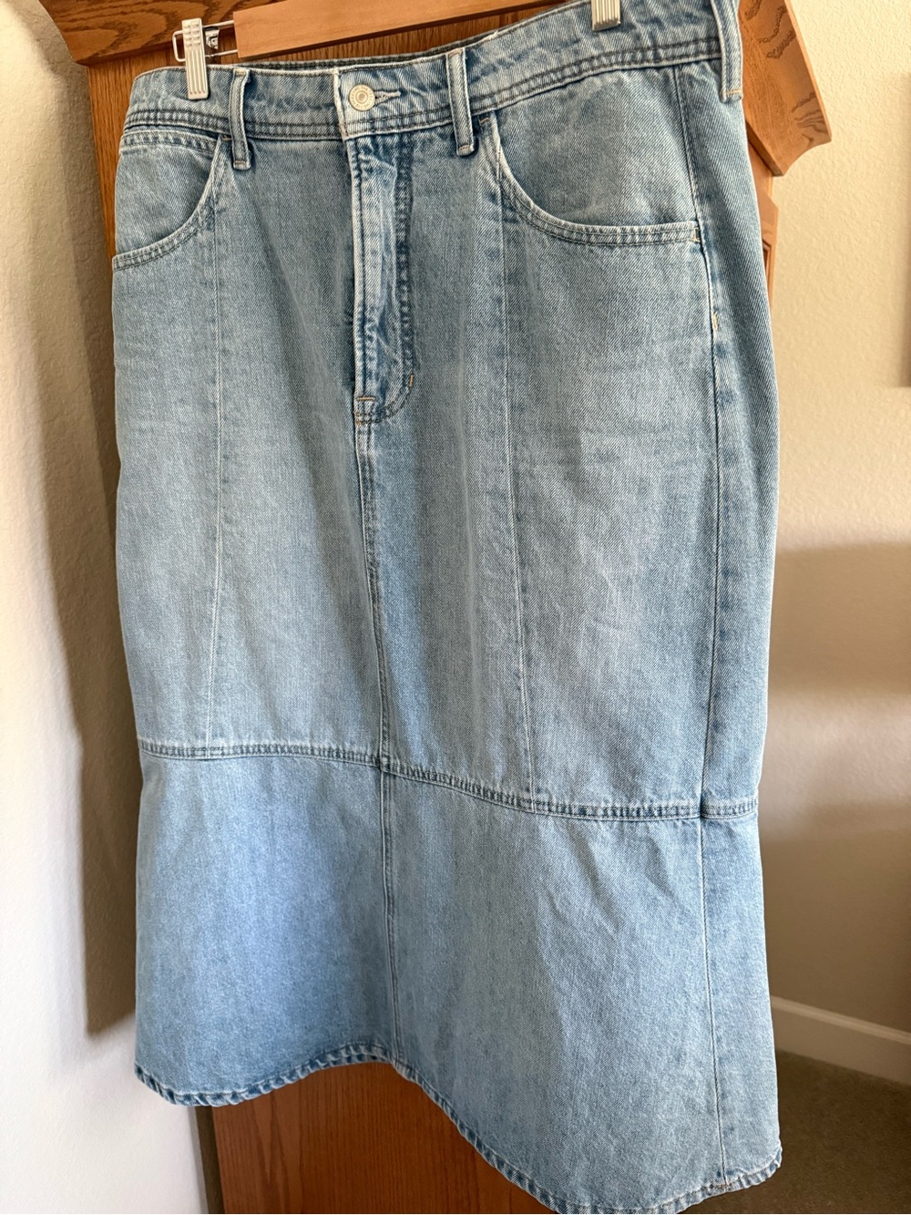 We The Free Light Blue Denim Midi Skirt